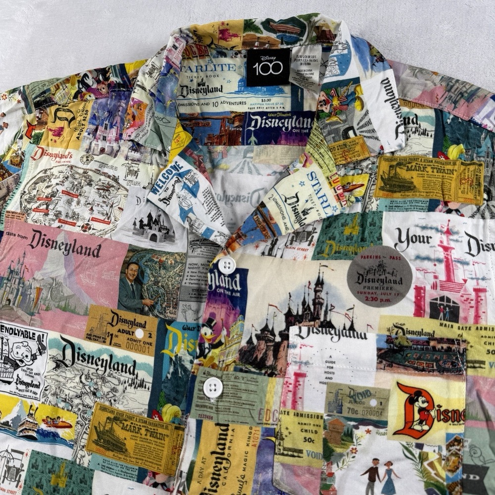 Disney 100 Disneyland Button Down Short Sleeve Viscose Size Small Collage AOP